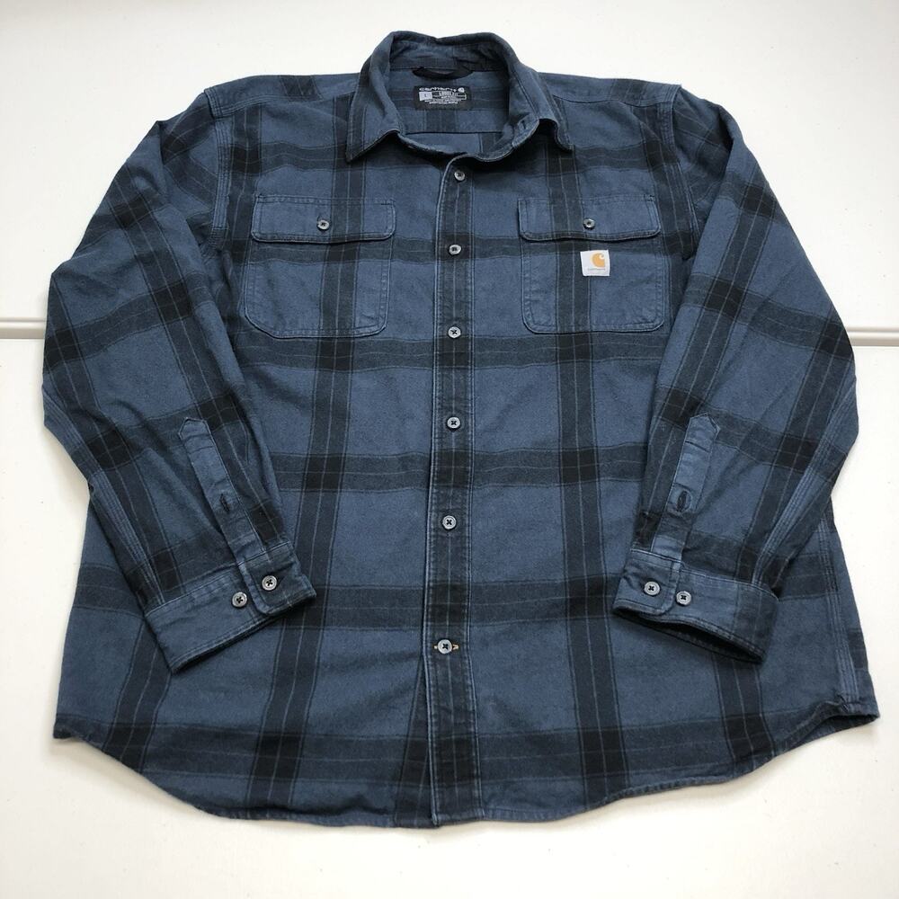 Carhartt Flannel Shirt Mens L Heavyweight Loose Fit Workwear Blue Plaid TW4451